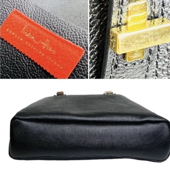 India Hicks Black Leather Solitare Shoulder Bag Purse Tote Gold Hardware - Picture 13 of 14